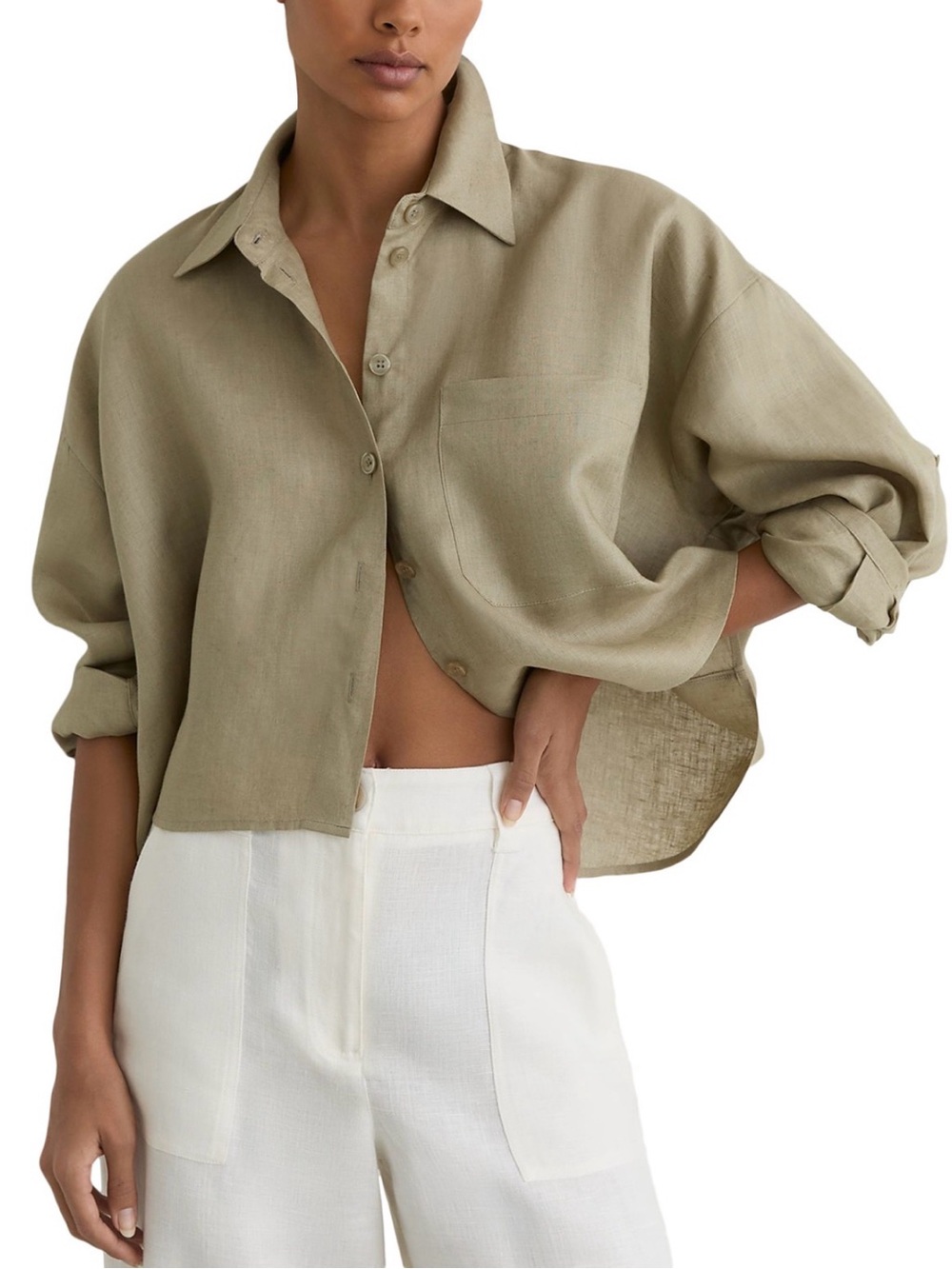 REISS Solena Linen Cropped Shirt in Green